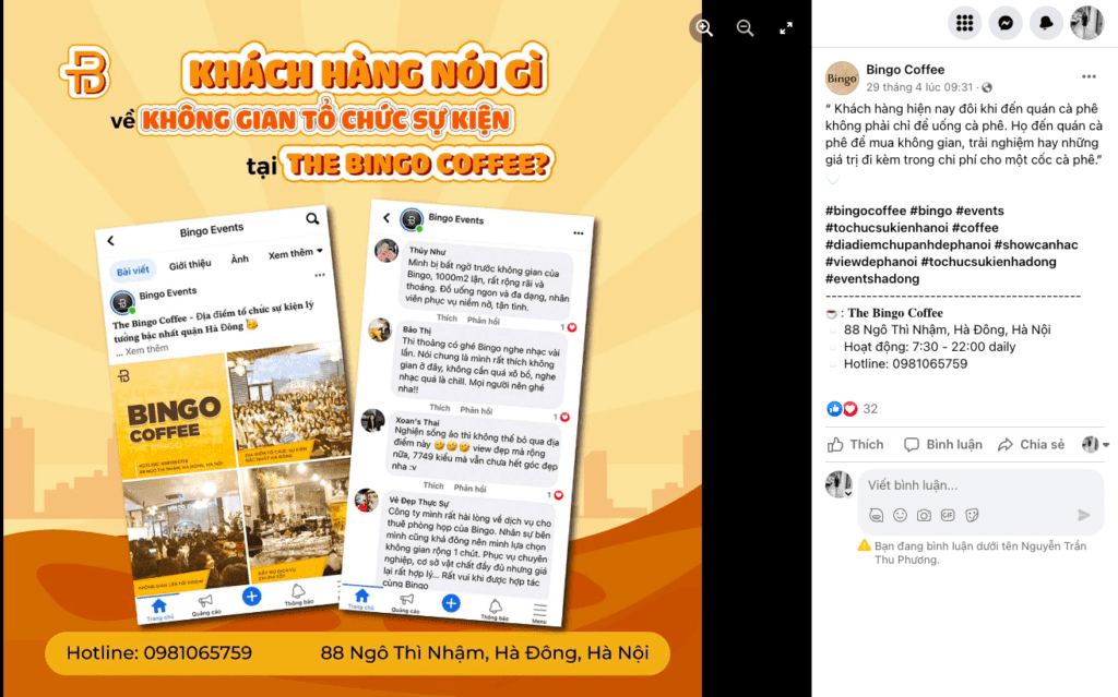 Phân tích triển khai Marketing quán cà phê The Bingo cho thuê tổ chức sự kiện 1000m2 9 ảnh feedback khách hàng